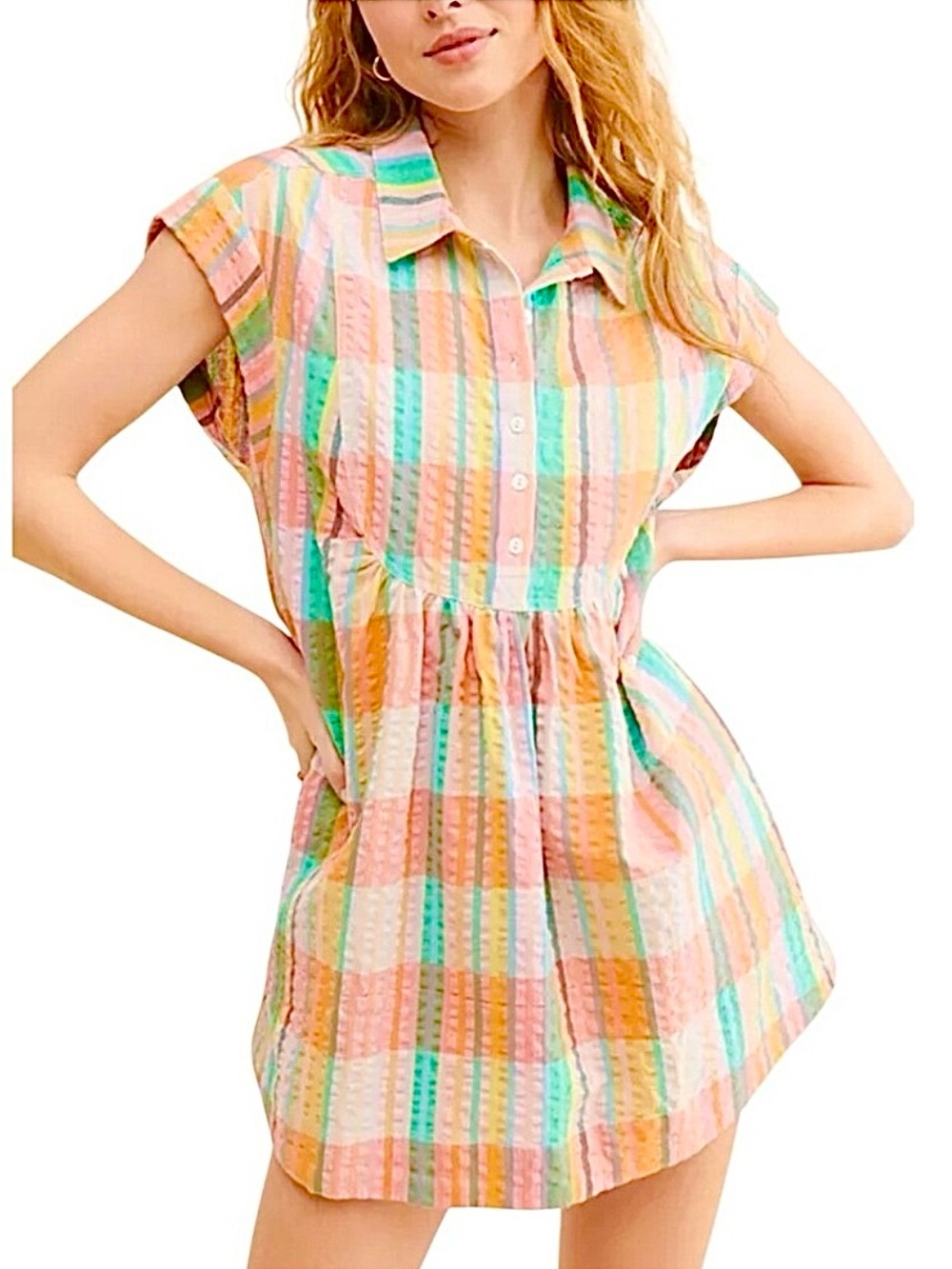 Free People Dreamers Madras Pastel Plaid Seersucker Babydoll Mini Dress/Tunic